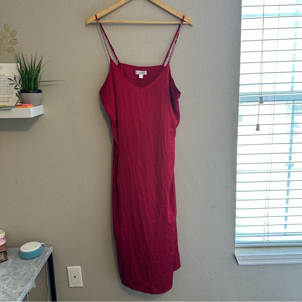 nicole miller red rhinestone strap satin slip dress vivid red midi slit sz large - Picture 2 of 10